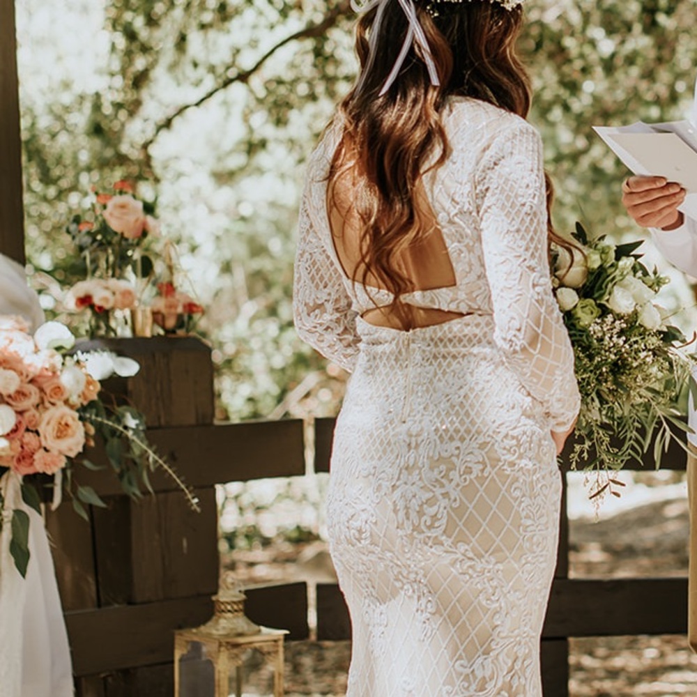 Wedding Dress long sleeve open back v neck, white and nude beaded embroidered - Picture 5 of 10